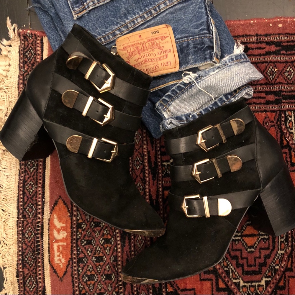 Suede heeled buckle booties